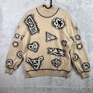 St John Collection Santana Knit Sweater Women's Medium Tan/Black Logo Print READ